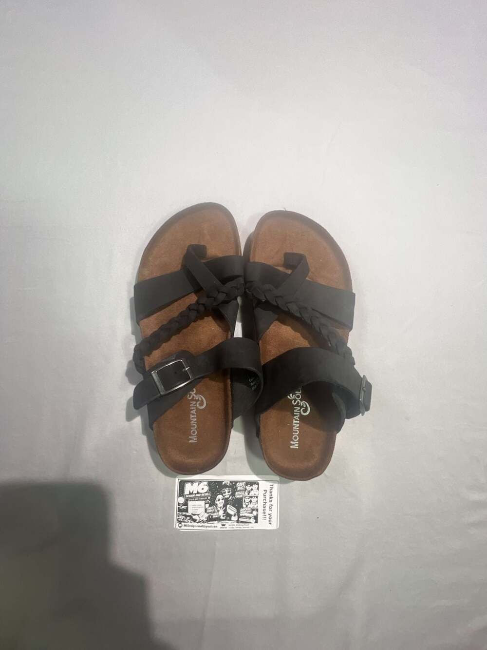 Mountain Sole Black Leather Braided Strappy Footbed Sandals